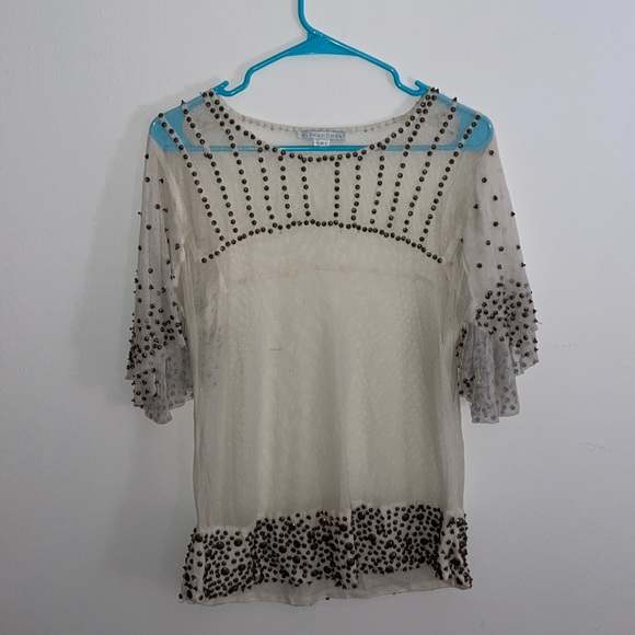 💕 SOLD Anthropologie White Mesh Top with Metal Beading - Picture 2 of 9